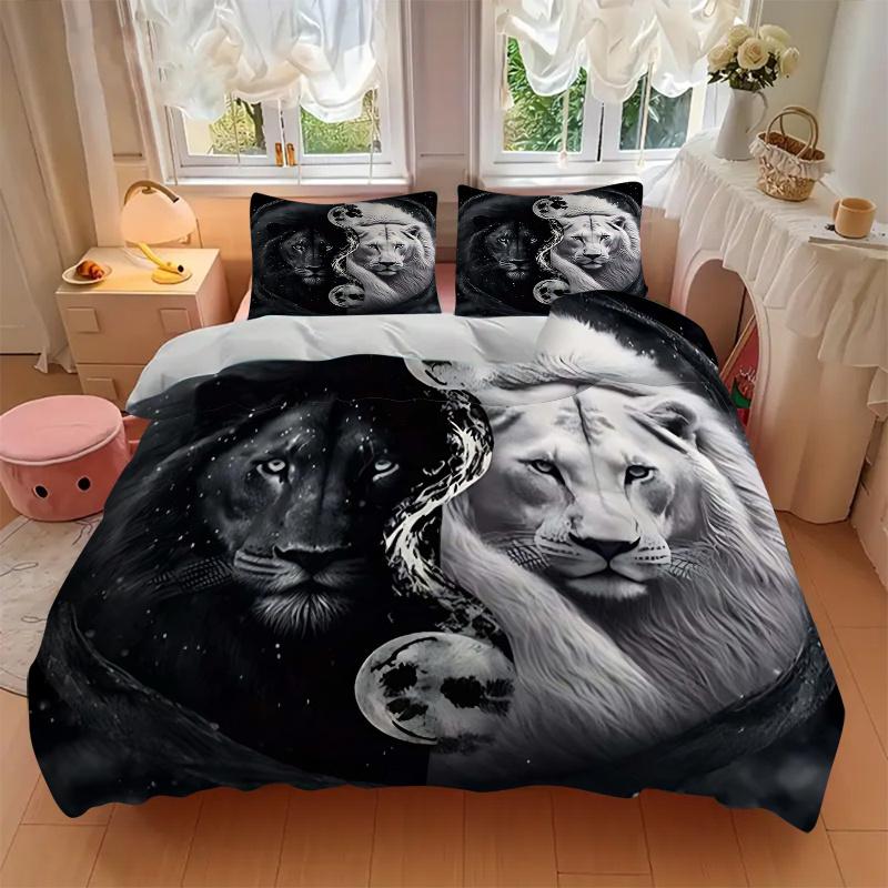3pcs Anime Lion Yin Yang Moon Comforter Set with One Quilt Cover and Two Pillowcases (No Core) - Home Decor, Festival Gift, Polyester Fabric, Suitable