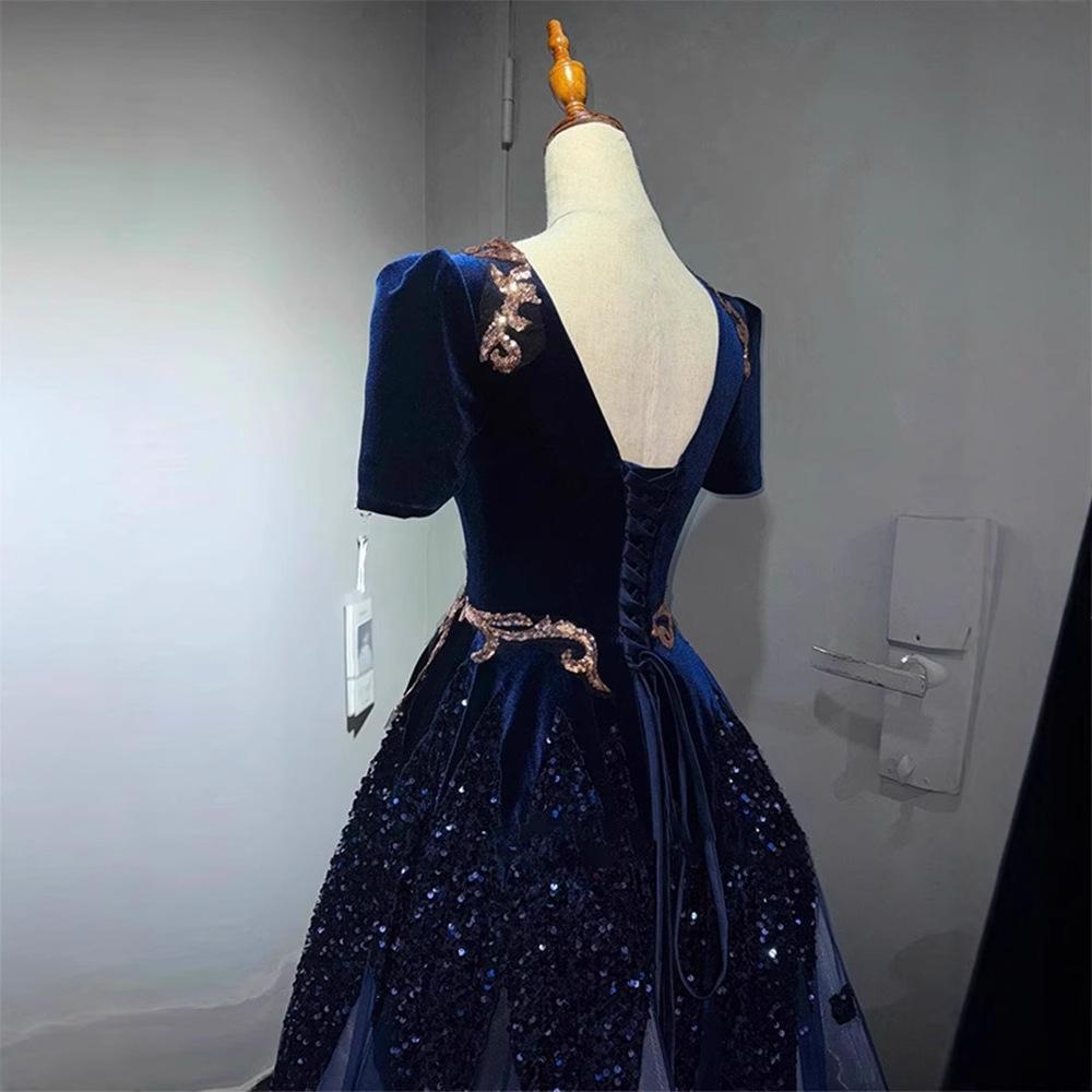 Abito ospite blu di alta gamma lusso leggero di nicchia per banchetto performance corale femminile paillettes bel canto abito da solista