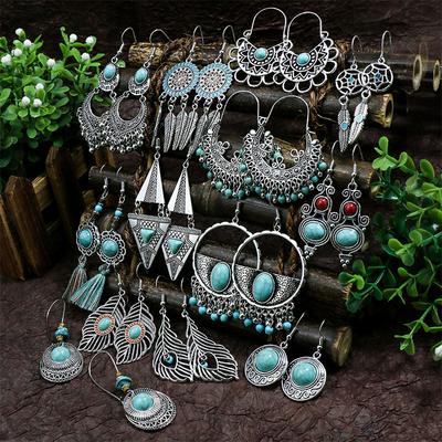 Women's Bohemian Turquoise Tassel Dangle Earrings, Retro Geometric Alloy Statement Ear Jewelry