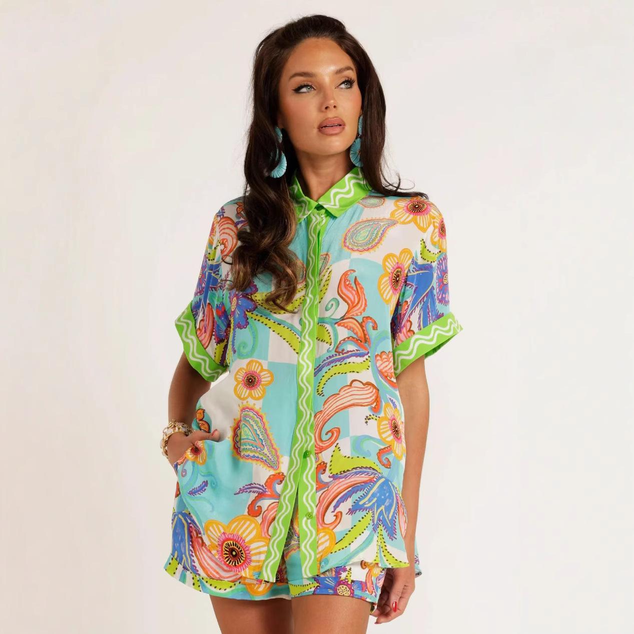 

Women s Printed Short Sleeve Top and Shorts Set, Blue and White Tropical Pattern, Casual Summer Outfit XXL