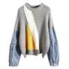 Jerséis de Punto Mohair de Manga Larga con Cuello Redondo y Parche de Mezclilla Deshilachada para Mujer, Suéteres Holgados Femeninos, Tops, Ropa de Mujer, Moda