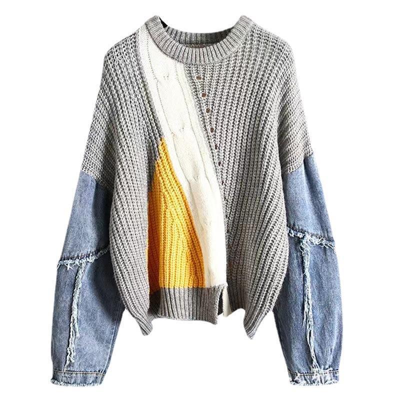 Jerséis de Punto Mohair de Manga Larga con Cuello Redondo y Parche de Mezclilla Deshilachada para Mujer, Suéteres Holgados Femeninos, Tops, Ropa de Mujer, Moda