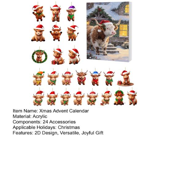 Scottish Highland Cow Advent Calendar Christmas 24 Days Funny Cow Countdown 2D Design Holiday