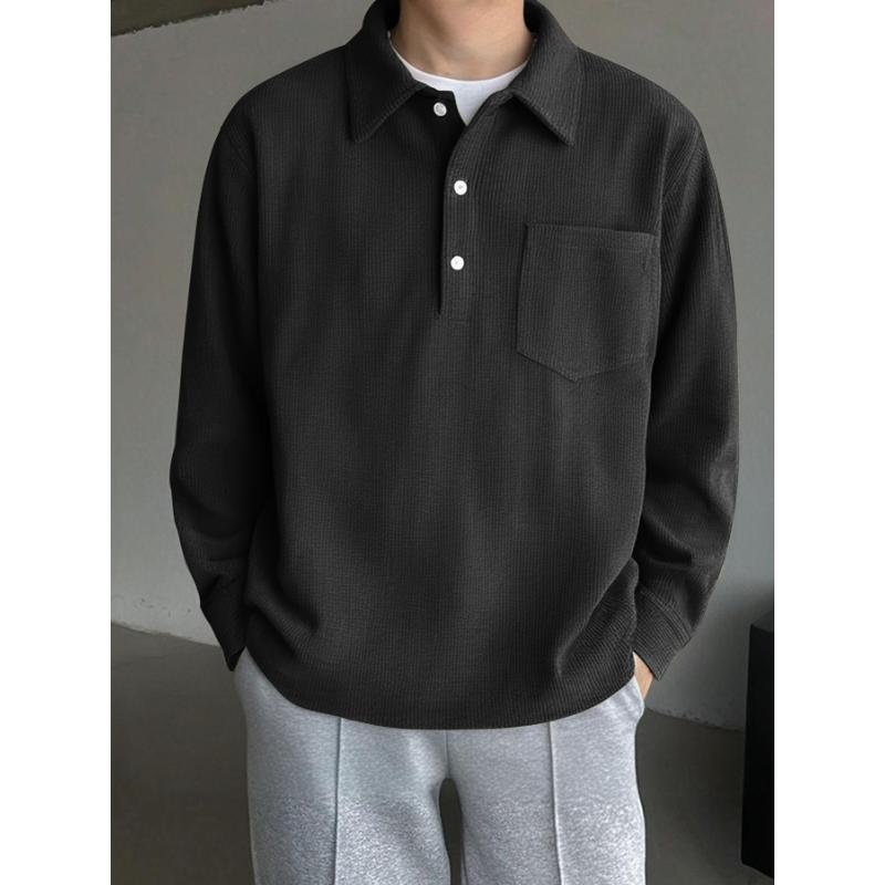 

Lapel Long-sleeved Polo Shirt for Men Loose and Versatile Casual Pullover Button Pocket Fashion Top XXL чорний