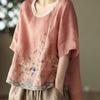 Blusen aus Baumwollleinen mit Blumenstickereien für Damen, klassisch, lockeres chinesisches Hemd, Oberteil, lässig, Retro, Rundhalsausschnitt, kurzärmelig, Sommerhemden
