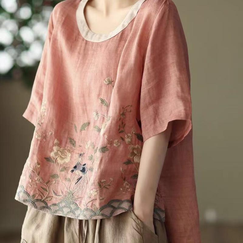 Blusen aus Baumwollleinen mit Blumenstickereien für Damen, klassisch, lockeres chinesisches Hemd, Oberteil, lässig, Retro, Rundhalsausschnitt, kurzärmelig, Sommerhemden