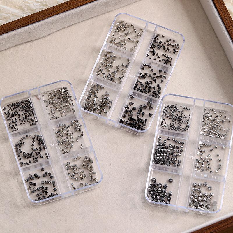 6 Grids 3D Mini Punk Metal Nail Studs Mix Size Silver Gold Black Nail Art Charms Alloy Rivets Stick Cone Diy Crafts Decoration