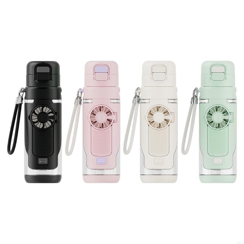 Double Spouts Sports Bottle Integrated With Handheld Fan Hydrations Vessel Perfect For Running Cycling B03E