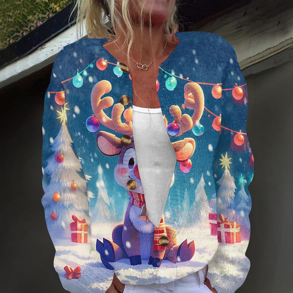Damenmode, weihnachtlich bedruckt, langärmelig, Strickjacke, Button-Down-Jacke