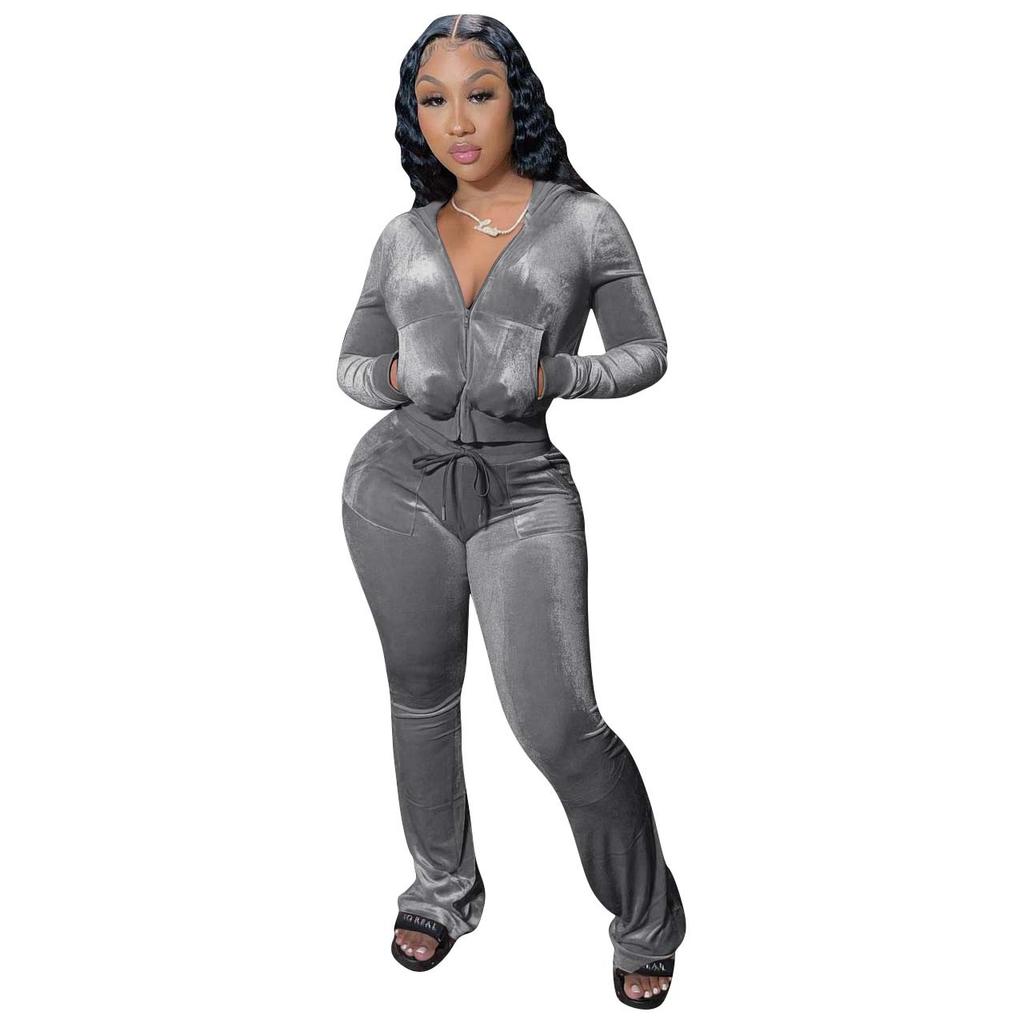 Womens 2 Piece Solid Velour Tracksuit Two Piece Outfits For Women Long Sleeve Zip Up Crop Tops Sweatpants Sets Pockets Hooded Sweatshirt With Joggers