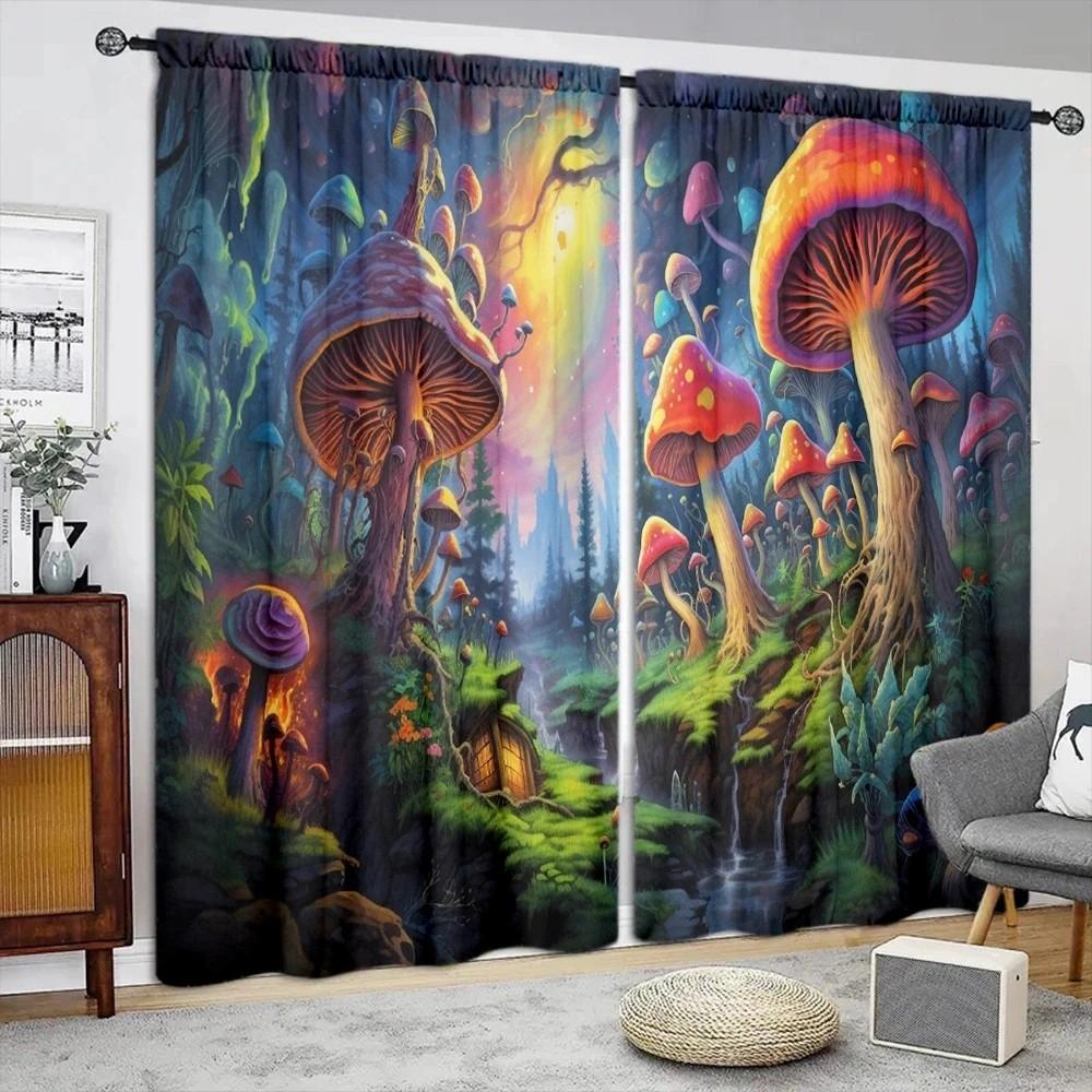 JIT 2pcs Vivid Mushroom Curtains  Forest Design  Room Darkening  Polyester  Home Decor  Rod Pocket for Holiday Windows