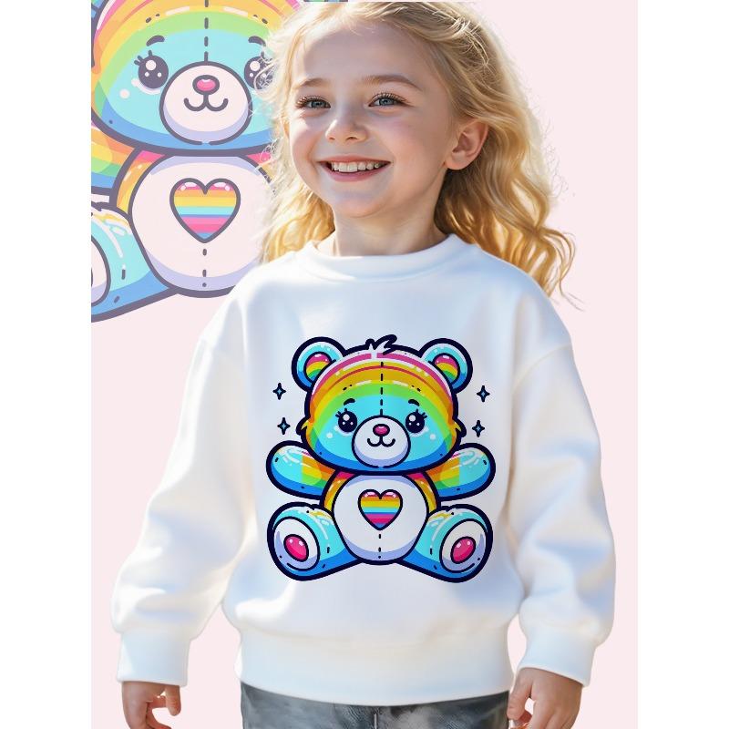European Sizes Kids Rainbow Bear: A Colorful and Cute Illustration Print Long Sleeve Crewneck Sweatshirt - Soft Casual Pullover Top