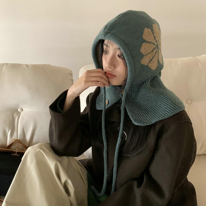 Knitted Warm Wool Hat Women's Winter Flower Drawstring Balaclava Ear Cap
