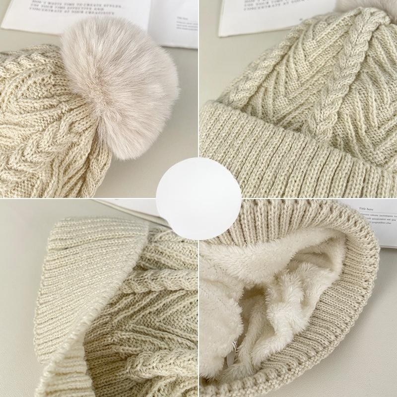 Plus Velvet Warm Ear Protection Windproof Woolen Hat Women's Autumn and Winter Solid Color Versatile Cold Hat Cold Proof Wool Ball Knitted Hat