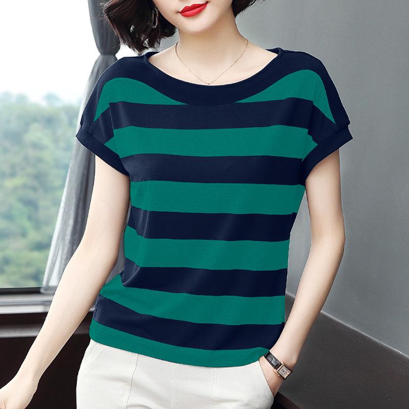 Women Casual Stripe Print Short Sleeve Blouse for Spring/Summer
