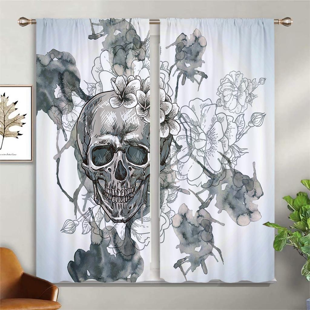 Window Curtains Skull Steal Floral Retro Gothic Print Curtains Suitable For Bedroom Living Room Study Room Decorative Curtains
