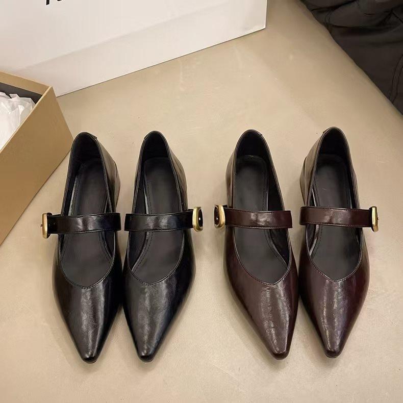 New Soft Leather French Soft Sole Temperament Low Heel Mary Jane Women'S Shoes Pointed Tip Single Shoes Women'S Thick Heel