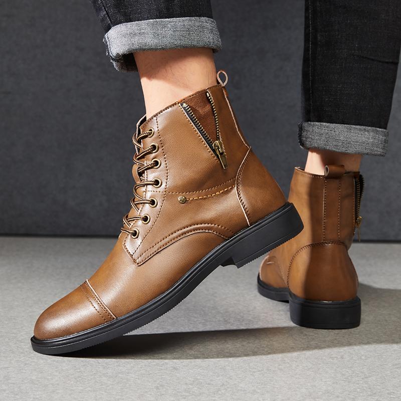 Men’s Motorcycle Boots Winter Black Leather Street Style Ankle Boots with Fur for Men Plus Size High Top