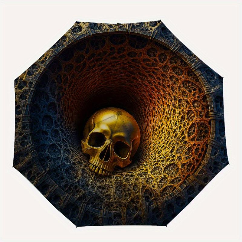 Golden Skull In Labyrinthine Tunnel Wall ClockUmbrella, Portable 3-Fold Compact Umbrella,Christmas Gift ES394