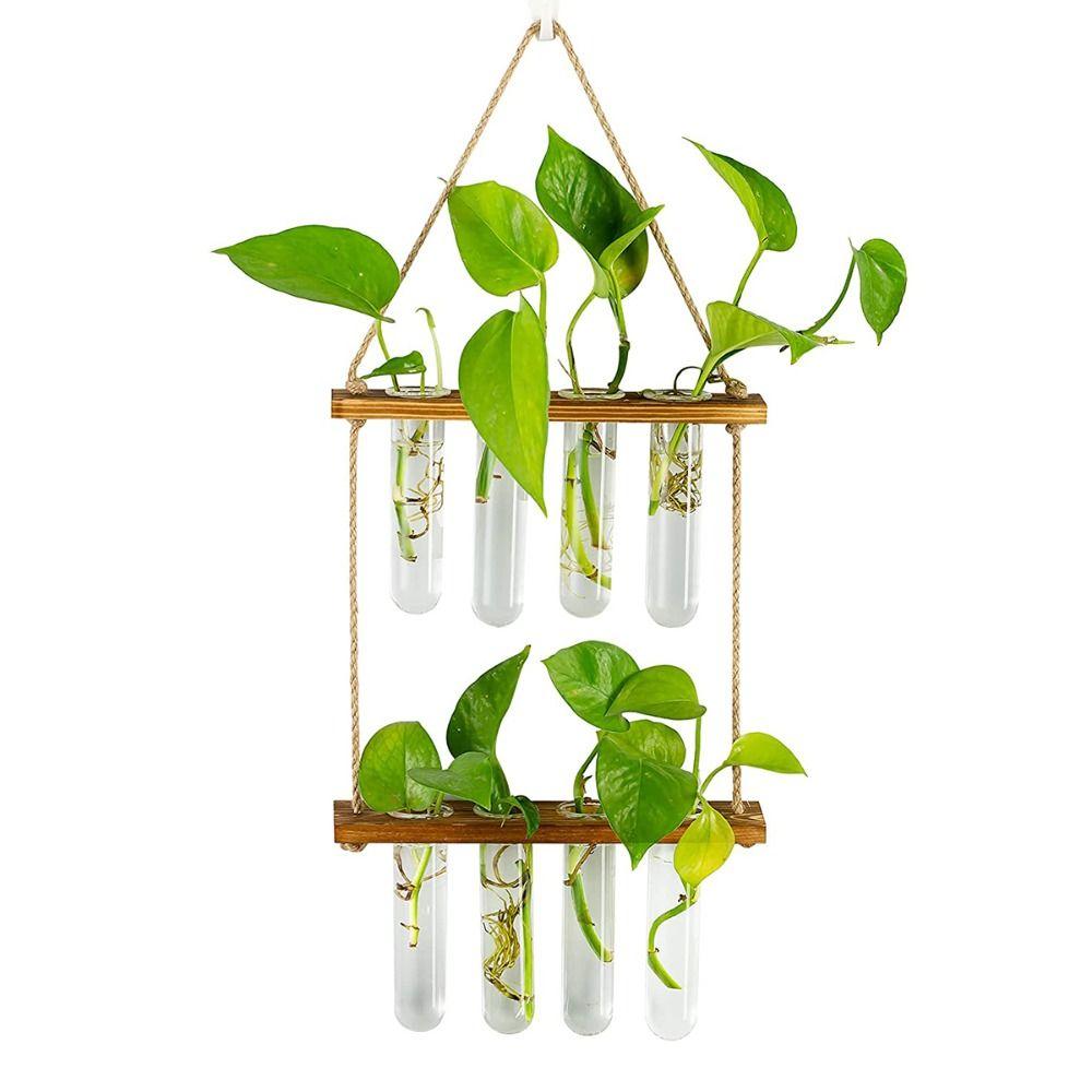Retro Wood Frame Vase Wall Hanging Transparent Glass Vase Glass Planter Plant Vase  Office