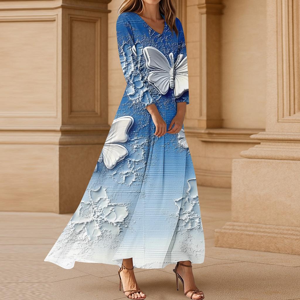 Women's Casual 3/4 Sleeve V-Neck Floral Print Maxi A-Line Beach Dress