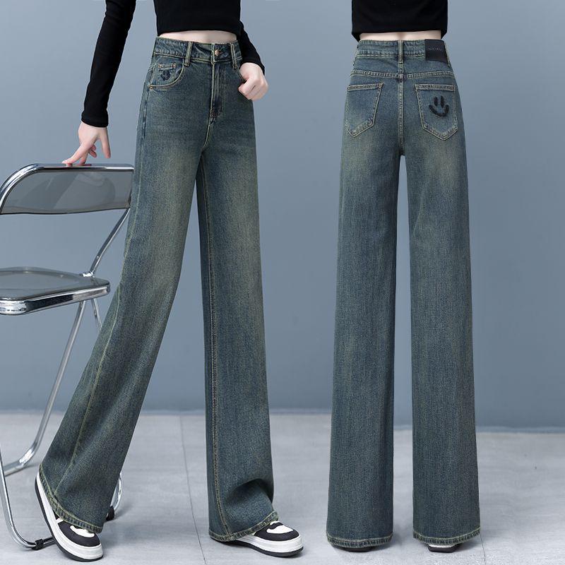Damen High-Waist Fleecegefütterte und Einschichtige Weitbeinjeans - Frühling, Herbst, Winter Retro Schlankmachende Straight-Leg Bodenlange Hosen