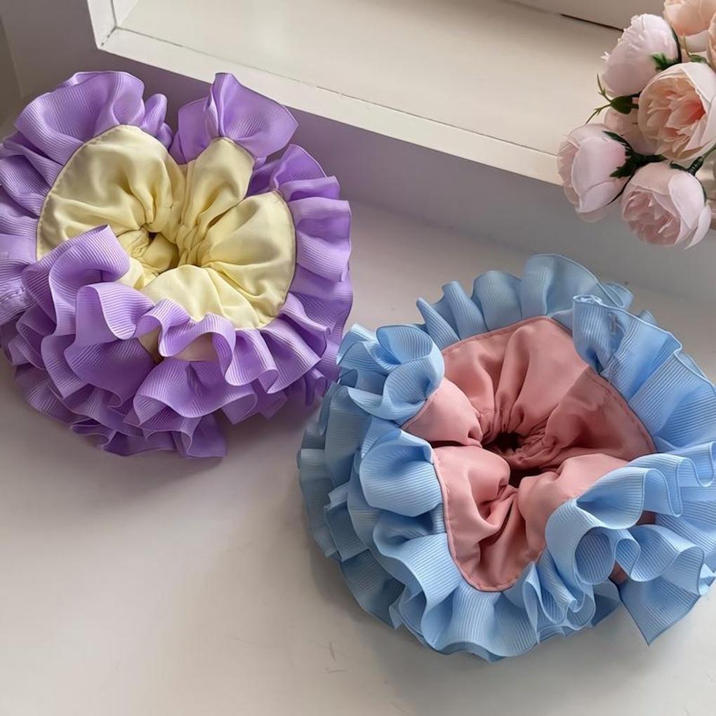 Женская двухцветная кружевная резинка-скранчи для волос 2 цвета Gopchang pink blue