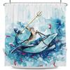 Funny Cat Riding Whale Printed Shower Curtain Ocean Wave Anime Artwork For Kids Bathroom Decor