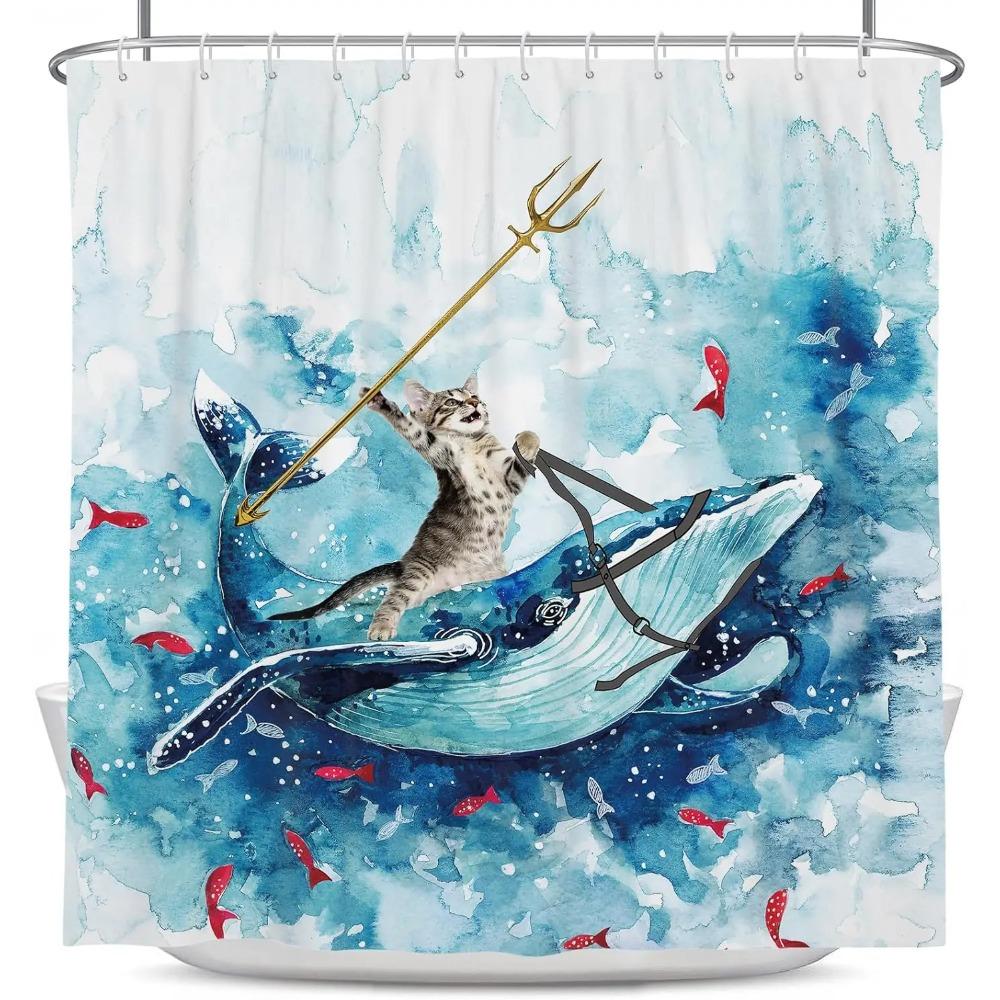 Funny Cat Riding Whale Printed Shower Curtain Ocean Wave Anime Artwork For Kids Bathroom Decor