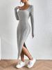 Abito aderente a coste con scollo quadrato, stile autunno/inverno europeo e americano - Modello aderente che valorizza la vita e i fianchi, con spacco e maniche lunghe per un look sexy e provocante.