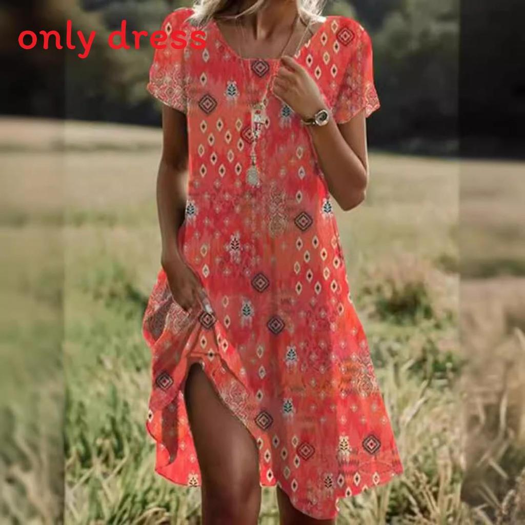 Mittellanges Kleid im Ethno-Stil aus Polyesterstoff mit Blumenprint für den Sommer
