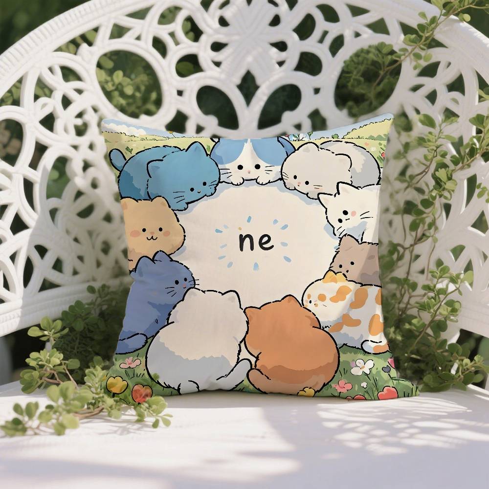 Cartoon Cute Cat Picture With Fresh Pillow Case Anti-dustmite Pillowcase Invisible Zipper Silky Short Plush Sofa Cushion Cover