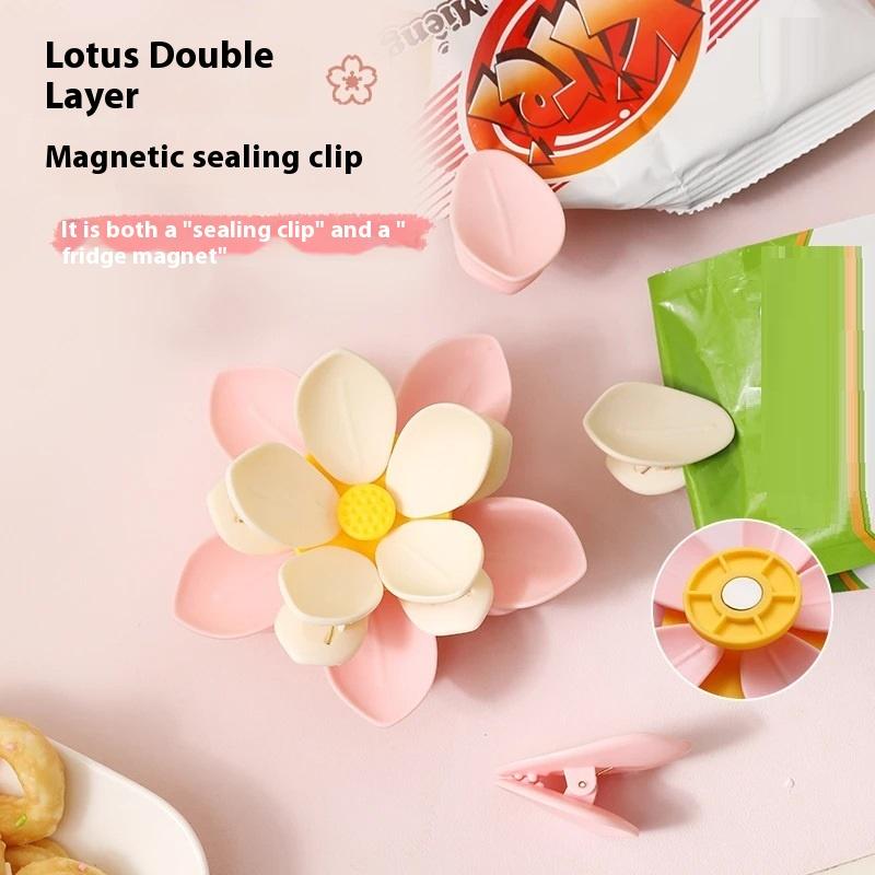 3D Purple Lotus Double Layer Magnetic Sealing Clips Fridge Magnet Food Snack Bag Holder Refrigerator Decor Kitchen Accessory