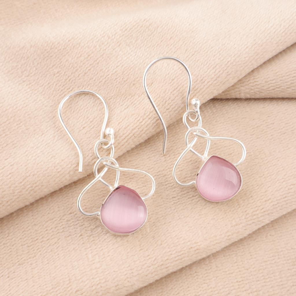 Pink Cat's Eye Gemstone 925 Sterling Silver Jewelry Handcrafted Earrings 1.50" EE-2-42