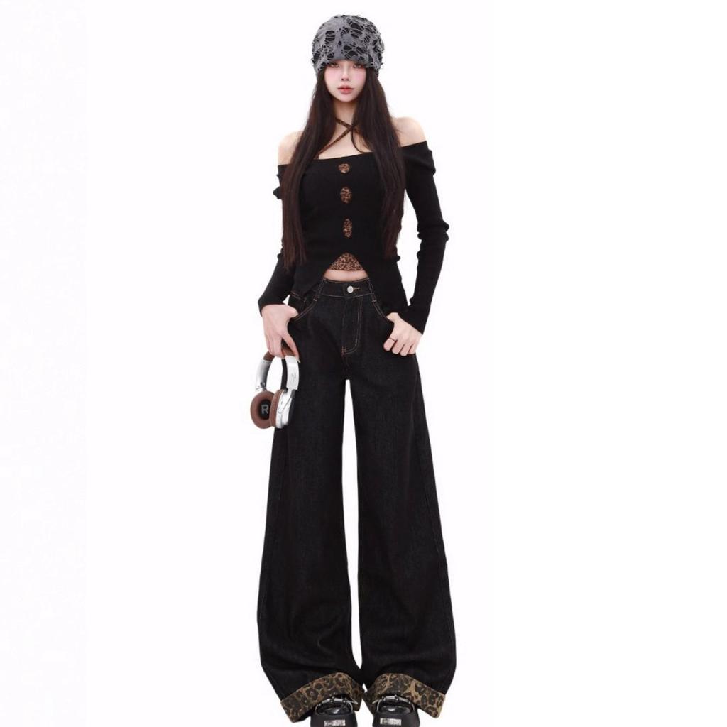 Wide Legged Large Size Jeans Women Autumn Loose Splicing Leopard Print Rolled Edge High Waisted Straight Dragging Floor Trousers Long Denim Pants