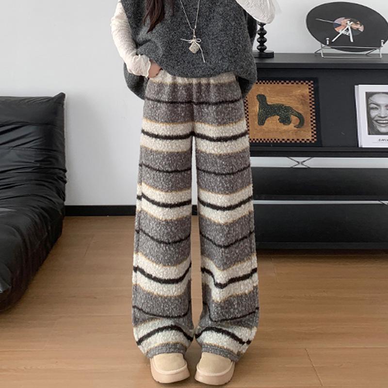 

Women s High Waist Shaggy Stripe Casual Pants - Autumn/Winter Slimming Wide Leg for Lounging & Walking Medium
