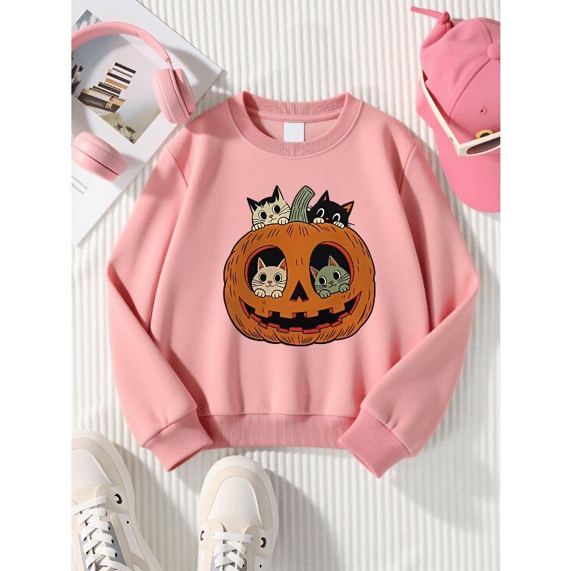 Girls' Halloween Long-sleeve Sweatshirt, Round-neck Fun Print Casual Top, Kids' Autumn Clothing, Suitable for Trick-or-treat Parties and Halloween