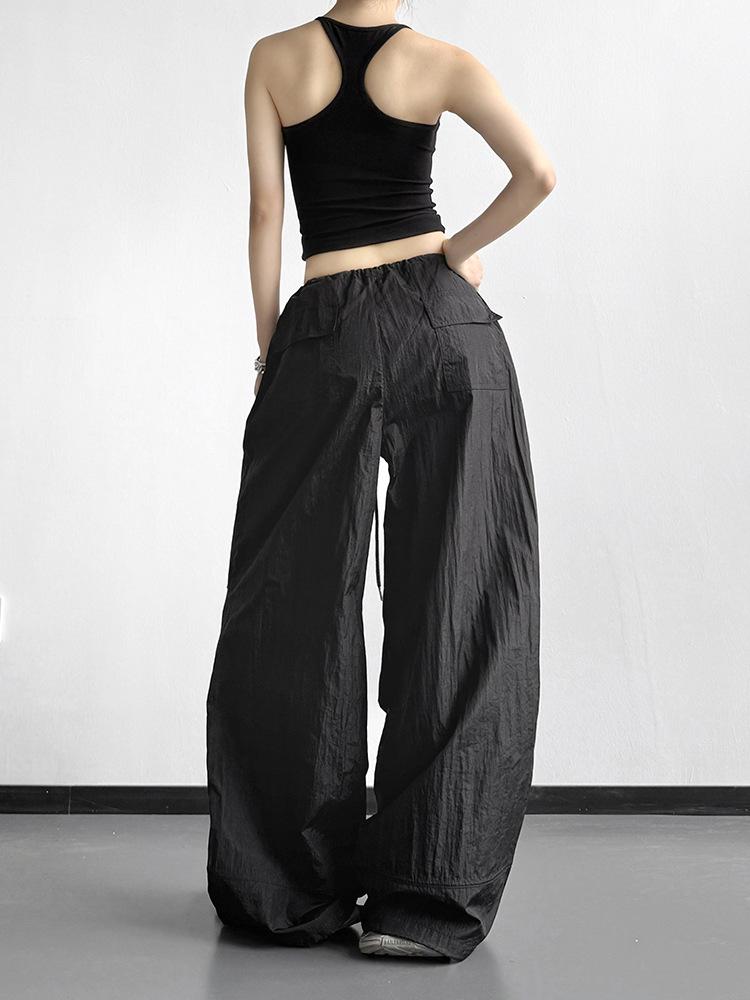 Women's Black Wide-Leg Paratrooper Pants - 2026 Spring Casual Outdoor Fashion