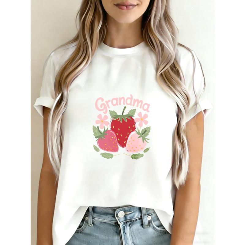 White T-Shirt Grandma Strawberry And Flowers Print Casual Summer Outfit For Women