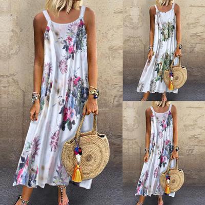 Women Vintage Sleeveless  Plus Size Bohemian Floral Print Maxi Dress