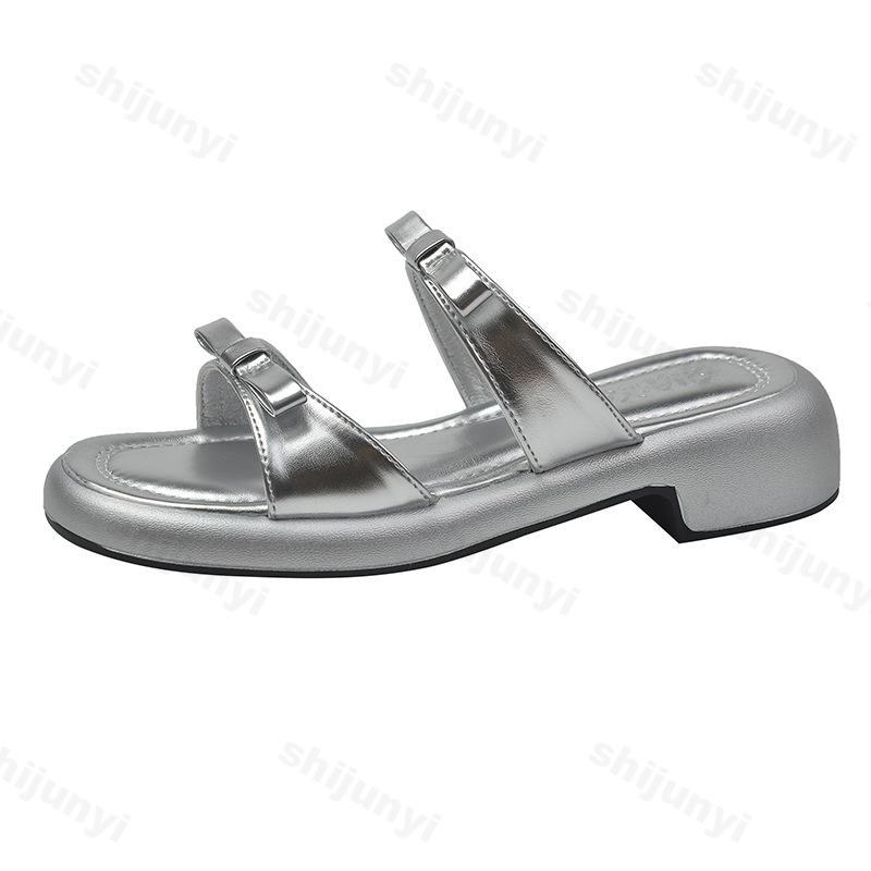 Fashion Womens Slippers 2025 New Summer Low Heel Silver Women's Comfortable Outdoor Beach Shoes Platform Bowknot Fashion Dress Slippers