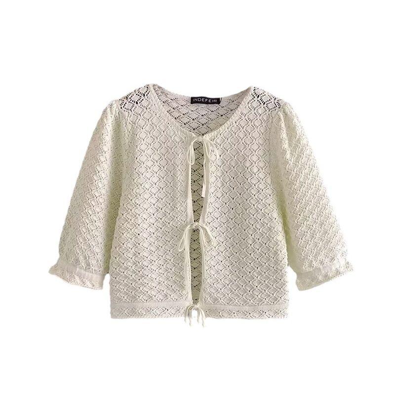 Kaslead New Arrival Women's Clothing Fashion Style Stylish Simple and Versatile Bows Shoelace Knitting Short Sleeve Jacket