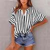 Women's Fashion Loose-Fit V-Neck Button-Down Striped Contrast-Color Short-Sleeve Shirt