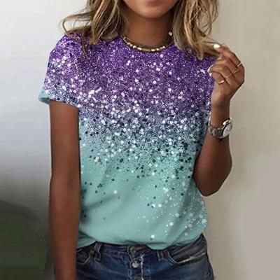 Damen T-Shirt Rundhals Modisch Kurzärmelig Bunt Gemustert Bedruckt Sommer Lockeres Oberteil Kleidung Damen Party T-Shirt