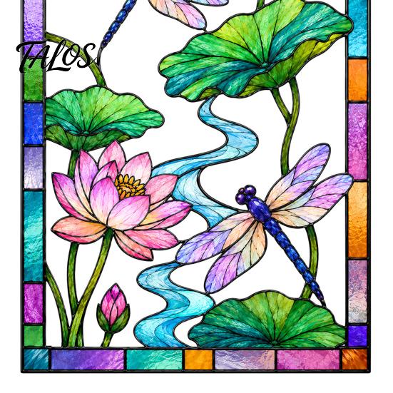 Decorative Glass Cling for Home Dragonfly Lotus Stained Style Window Cling, Rainbow Suncatcher Static Light Effect Sticker Decal, Privacy Film