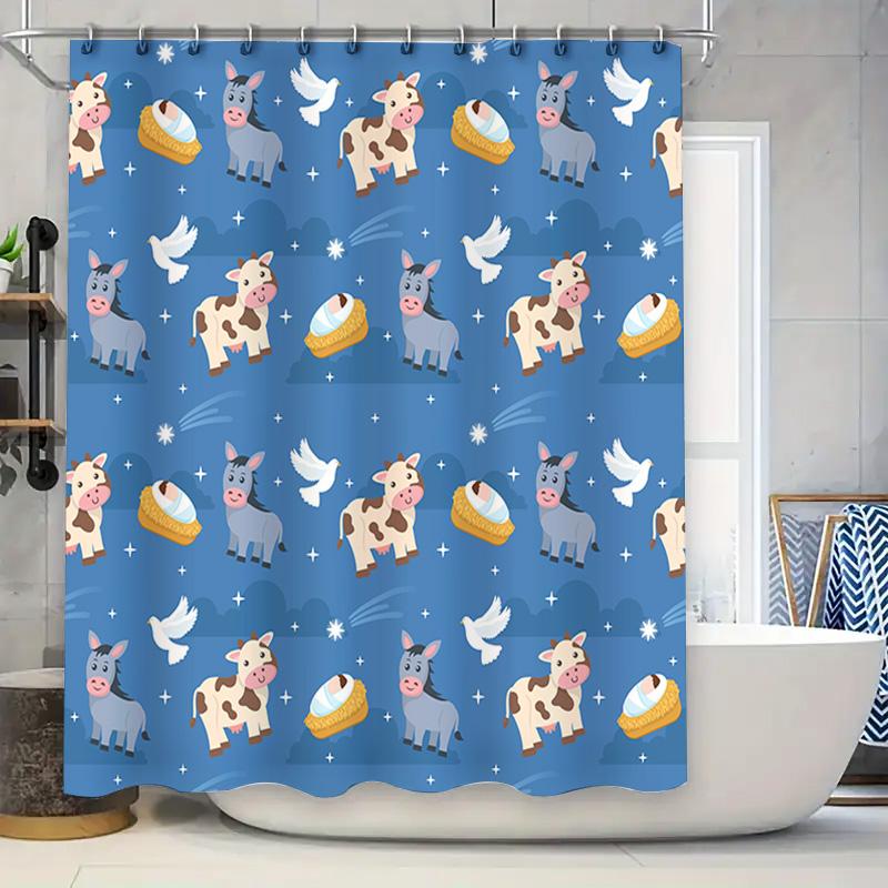 

Blue Shower Curtain With Cute Animal Pattern: Cow Donkey Design For Bathroom Decor Waterproof Fabric Shampoo, Conditioner Soap B W60H190(CM)-1 Pcs
