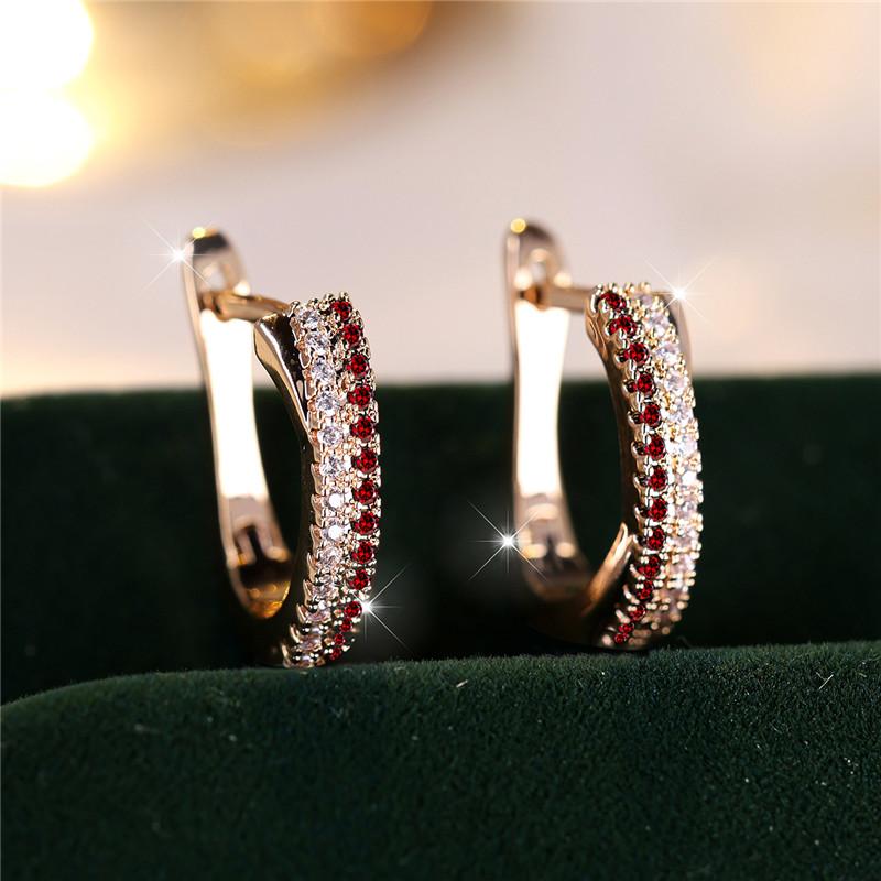 Luxury Female Red Zircon Stone Clip Earrings Charm Gold Color Wedding Jewelry For Women