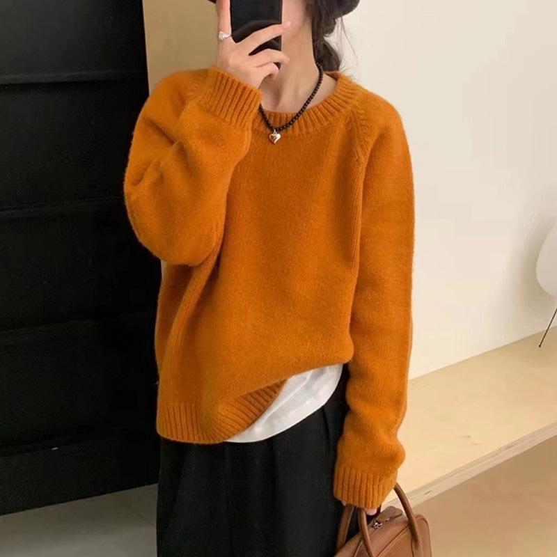 Versatile Sweater Women Thick Loose Autumn Winter Round Neck Minimalist Solid Korean Knit Top
