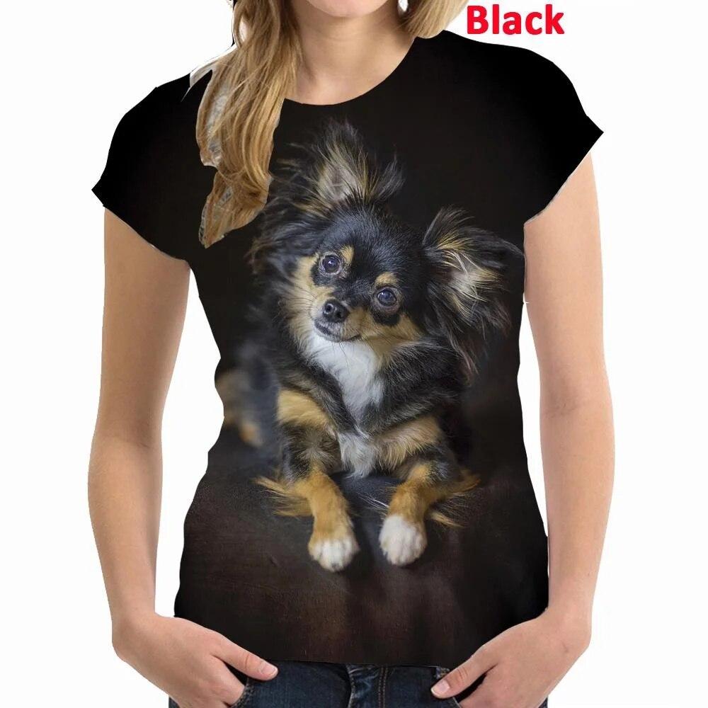 Nejnovější letní dámská móda Roztomilý zvířecí pes Tričko s 3D potiskem Pro volný čas Čivava Tričko s kulatým výstřihem a krátkým rukávem
