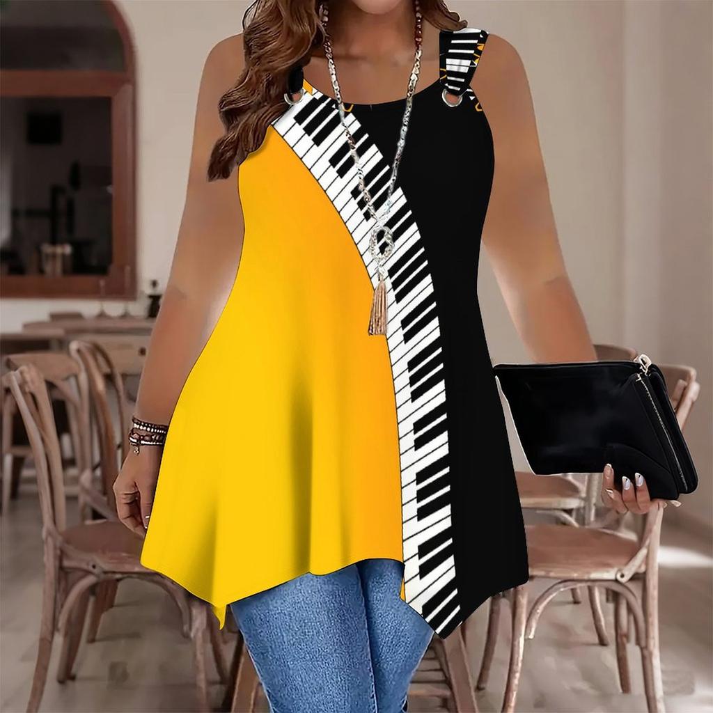 Modische Lässige Sport-Doppelring-Weste für Damen, Große Tank-Weste mit Noten-Aufdruck, Unregelmäßiger Saum, Elegant und Schlicht
